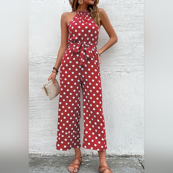 Pants - Polka Dot Grecian Wide Leg Jumpsuit